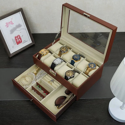 PU Leather Jewelry & Watch Organizer Box — Storage Case for Rings, Earrings, Bracelets, Perfect Gift Casket