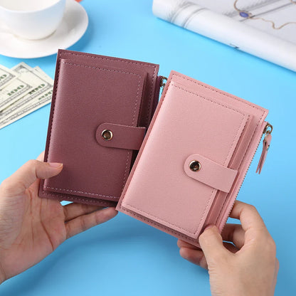 Women’s PU Leather Mini Wallet — Slim Hasp & Zipper Purse, Multi-Card Holder with Coin Pocket, Small Solid Short Wallet