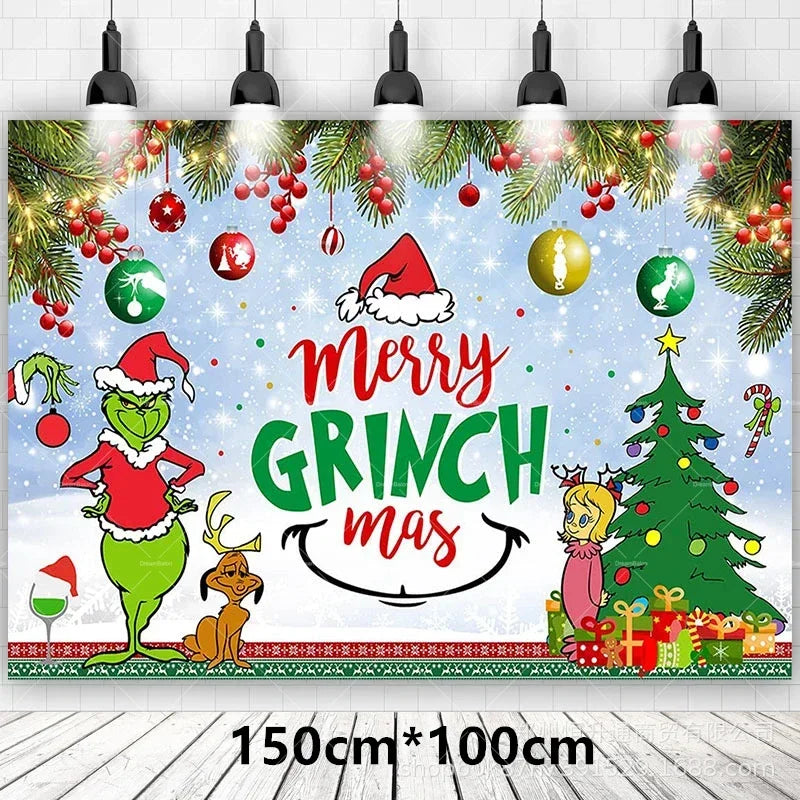 Grincs Christmas Party Balloon Decoration Set – Merry Xmas Banner Cake & Disposable Tableware Supplies Green Red
