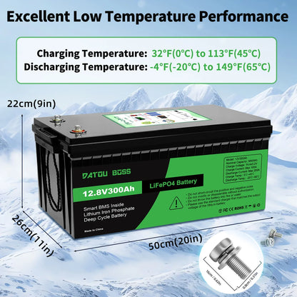DATOUBOSS 12V 100Ah LiFePO4 Battery — 1280Wh Lithium Battery with 100A BMS, 8000-15000 Deep Cycles, Series/Parallel Support