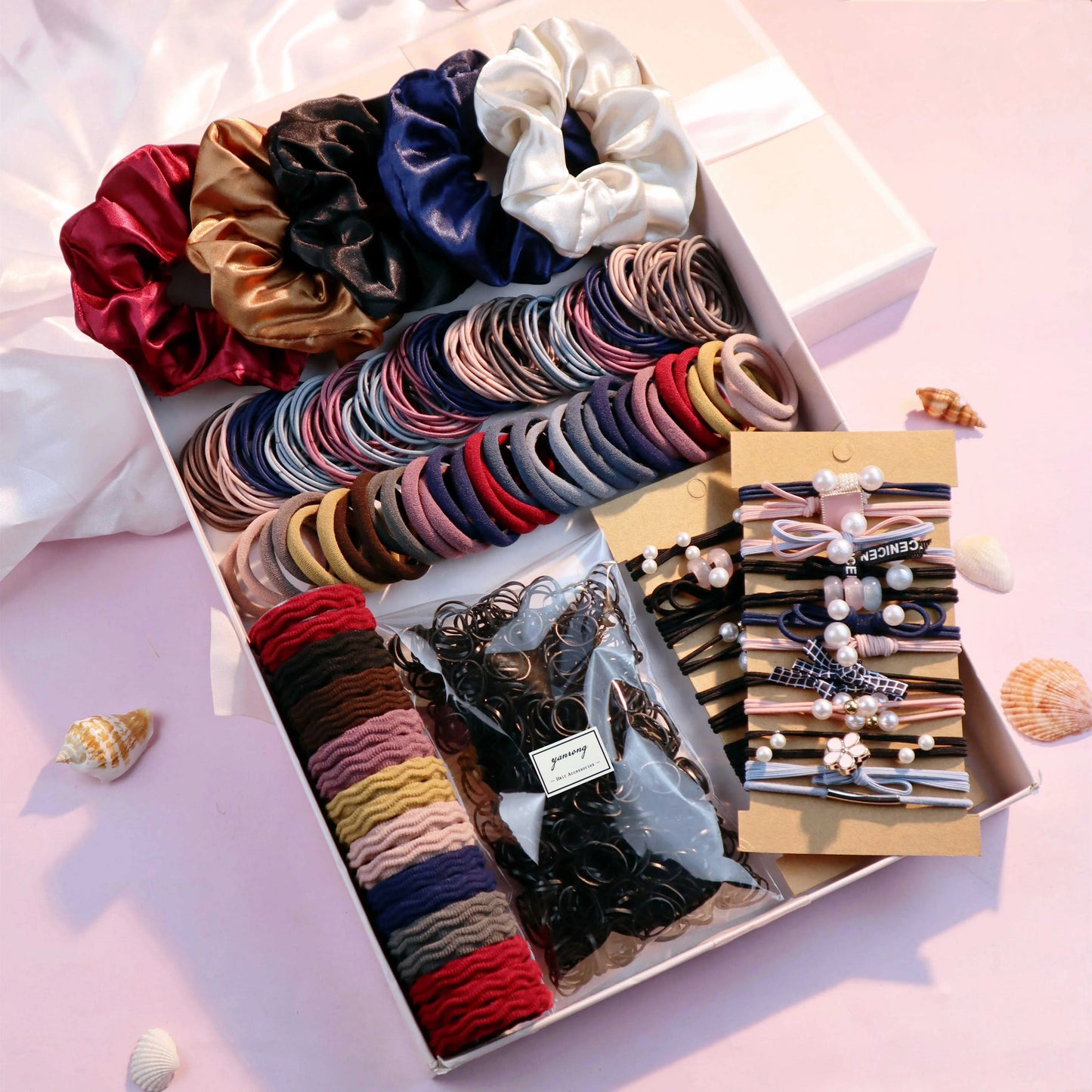 1085PCS Dark Hair Accessories Set - Seamless Ponytail Holders, Scrunchies, Hairbands & Ties for Women