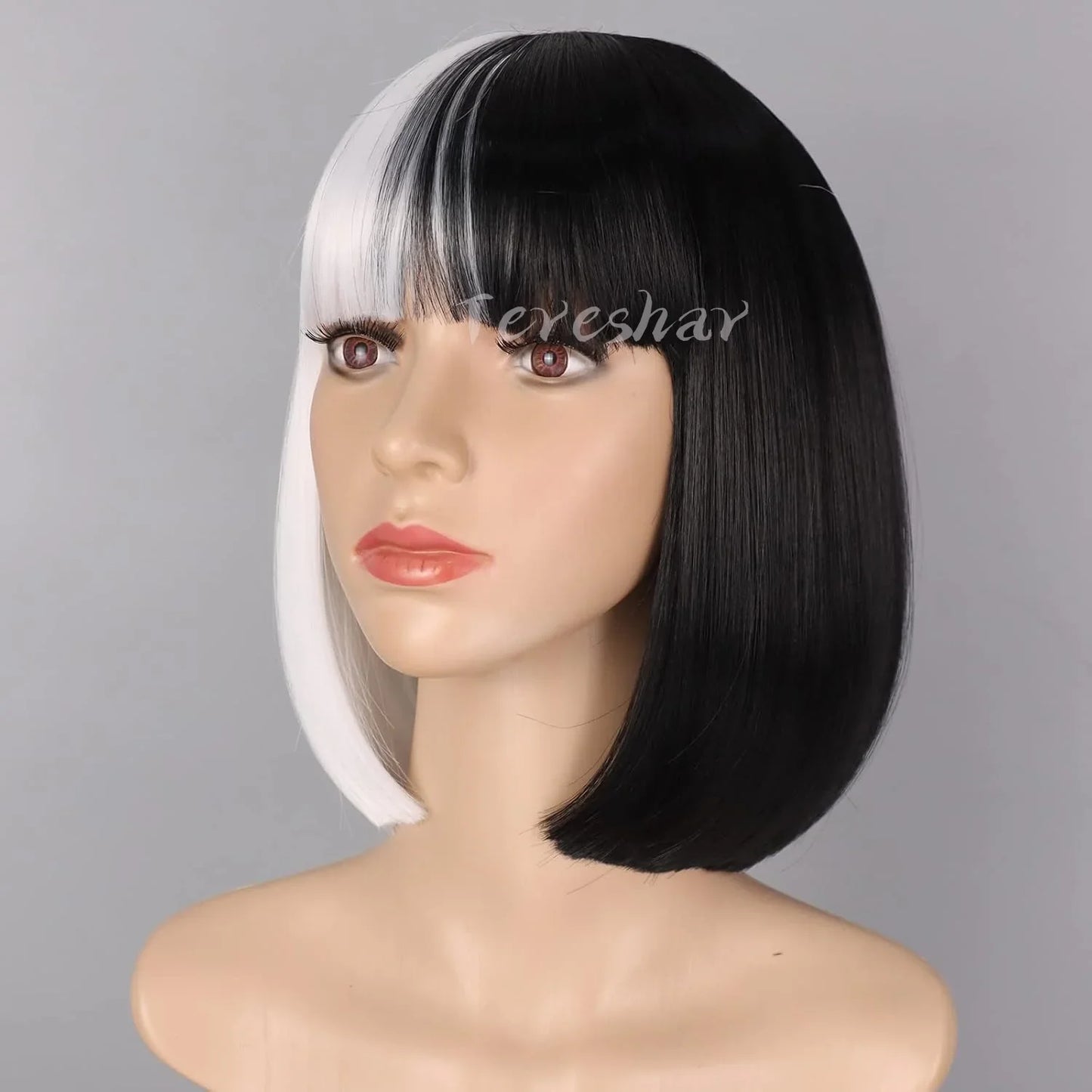 Synthetic Half Black Half White Bob Wig – Short Straight Wig with Bangs for Women, Cosplay & Party Wear