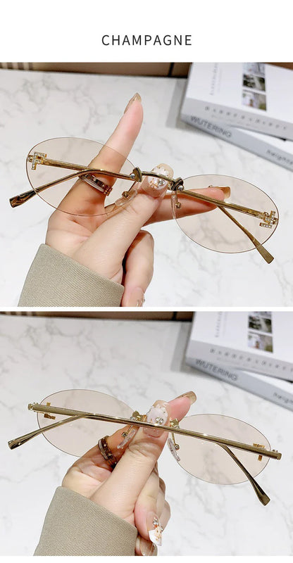 Elegant Diamond Oval Rimless Sunglasses — Men’s “F” Letter Car Sunglasses Model 90902