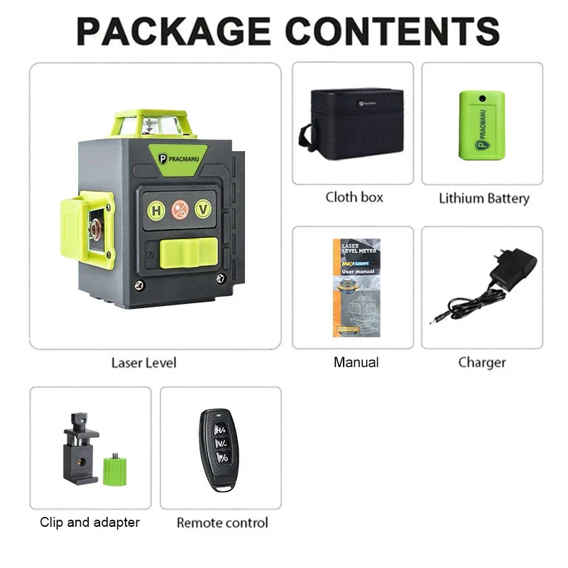 Pracmanu Mini 12-Line 3D Laser Level – 360° Self-Leveling Horizontal & Vertical Green Beam Laser