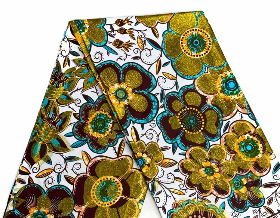 African Golden Glitter Wax Fabric - Soft Cotton Ankara Gold Print Batik 6 Yards