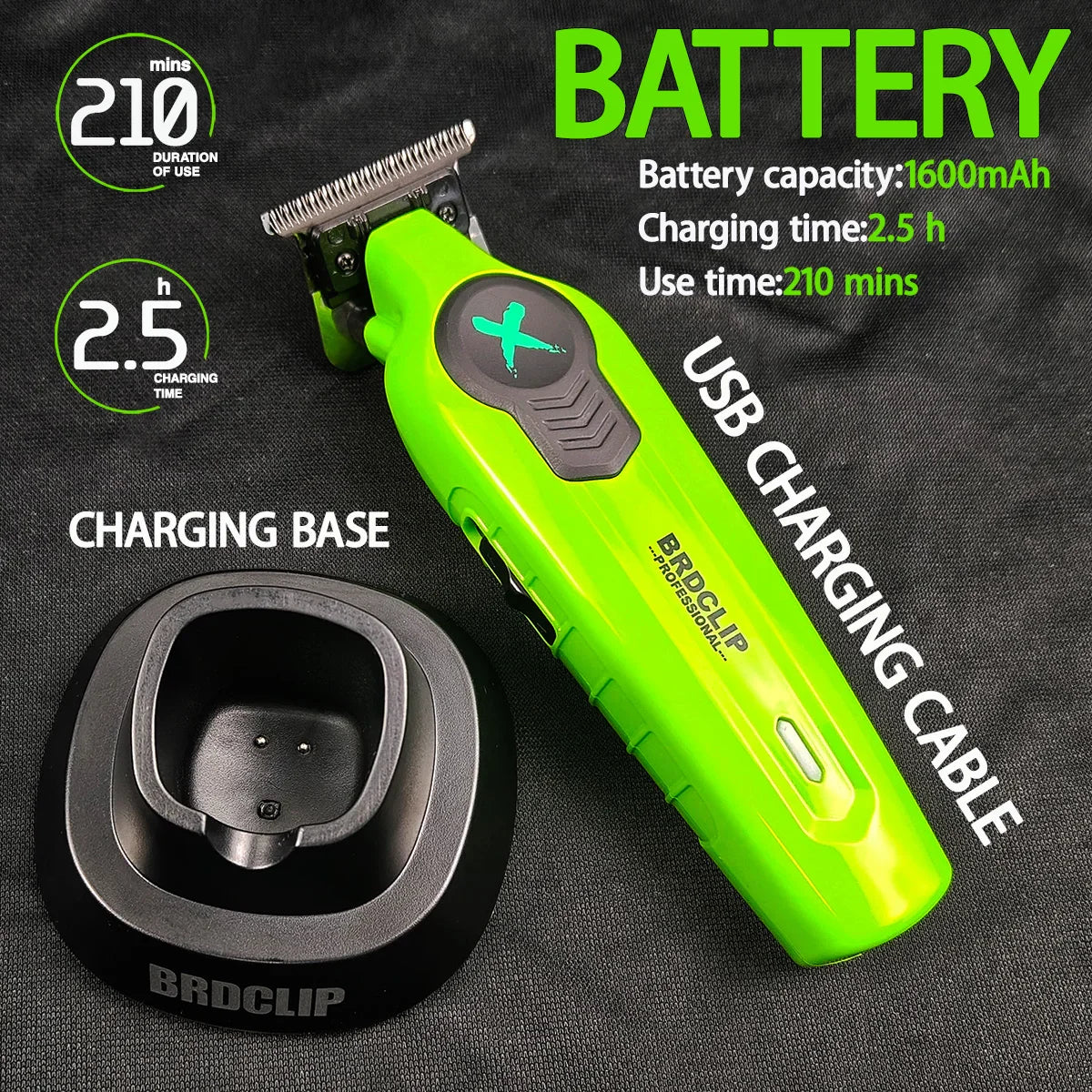 2025 BRDCLIP FA1T Green Professional Hair Trimmer — Barber Carving Electric Clipper with Gradient Finish & Charger Stand