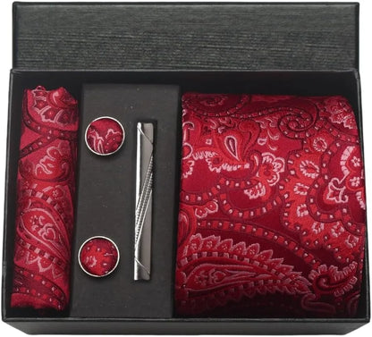 100% Silk Paisley Floral Necktie Set for Men - Premium Business Tie with Pocket Square Tie Clip Cufflinks Gift Box