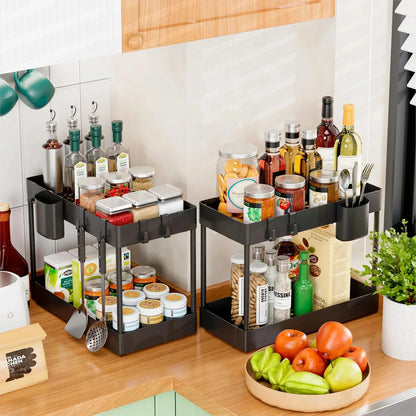 2-Tier Under Sink Sliding Cabinet Organizer — Basket Storage Rack with Hooks for Bathroom & Kitchen
