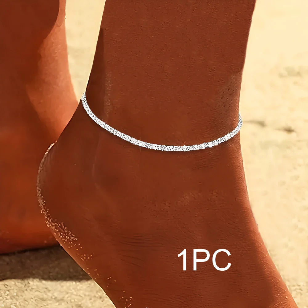 2PCS Shiny Silver Color Anklet for Women – Elegant Copper Beach Ankle Bracelet, Simple Sparkling Foot Jewelry