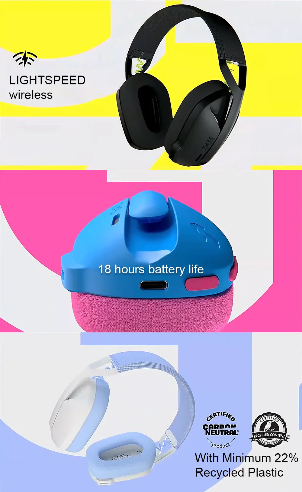 Logitech G435 LIGHTSPEED Bluetooth Wireless Gaming Headset – Over-Ear Surround Sound Headphones for PC, Laptop, Games & Music