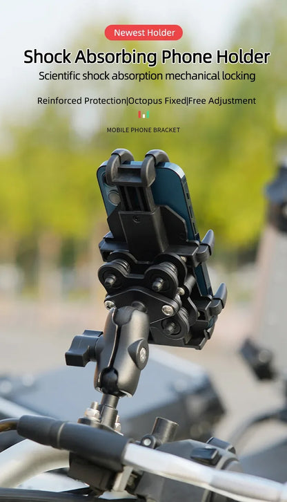 Motorcycle & Bike Phone Holder with Shock Absorber – Handlebar Rearview Mirror Mount for 4.7–7.1” Smartphones