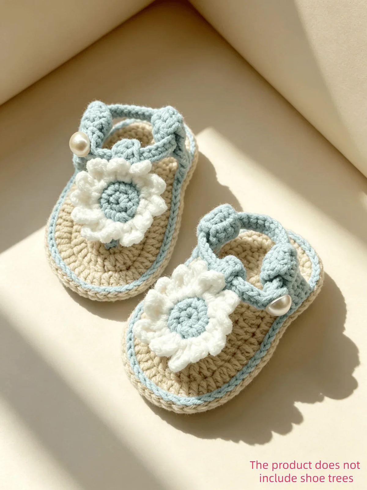 Handmade Crochet Baby Girl Sandals - Pink & Beige Flower Pearl Newborn Booties
