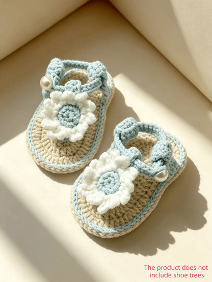 Handmade Crochet Baby Girl Sandals - Pink & Beige Flower Pearl Newborn Booties