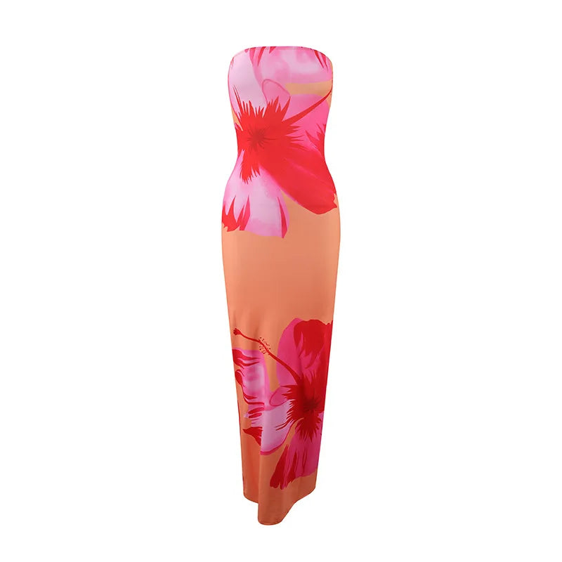 Women’s Floral Strapless Maxi Dress - High Waist Slim Fit Summer Vacation & Evening Party Dress