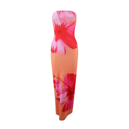 Women’s Floral Strapless Maxi Dress - High Waist Slim Fit Summer Vacation & Evening Party Dress