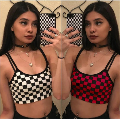 Women's Black Red Plaid Checkerboard Halter Crop Top – Sleeveless Bare Midriff Cami Tank