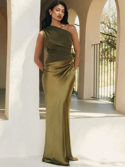 JULISSA MO Women’s Patchwork Satin Maxi Dress – Sexy One-Shoulder Brown Sleeveless Evening Party & Clubwear Dress