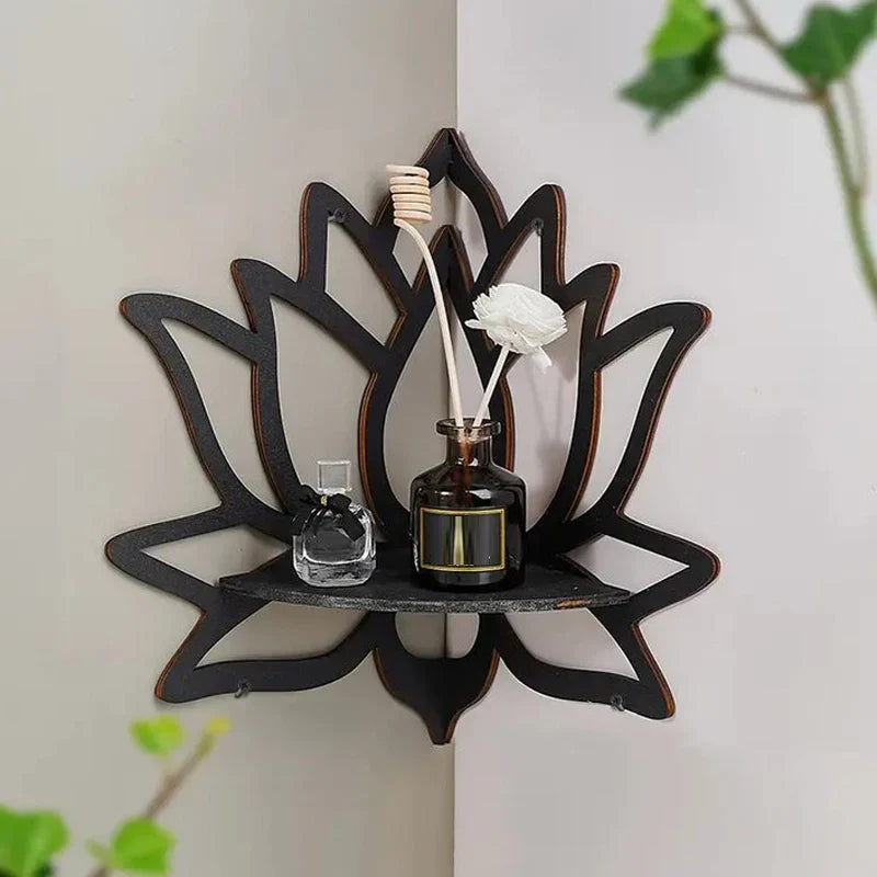 Wooden Lotus Hollow Decorative Rack – Wall-Mounted Aromatherapy Organizer and Essential Oil Candle Holder | Corner Shelf