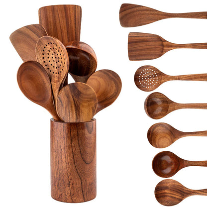 Wood Kitchenware Cooking Set – Spatula, Salad Spoon, Fork & Stirring Spoons with Storage Bucket for Kitchen & Baking