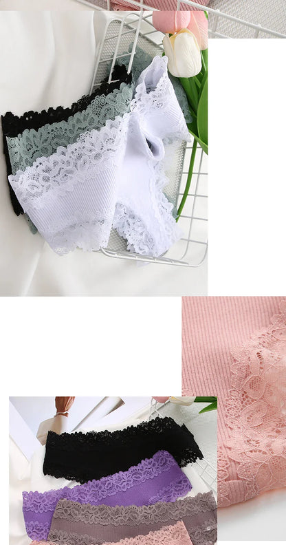 3PCS Lace Seamless Cotton Panties - Ribbed Brazilian Low Waist, Breathable Women’s Underwear, Plus Size Lingerie
