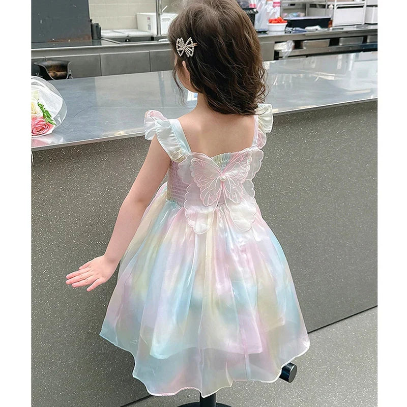 Girls Butterfly Princess Dress - Pearl Lace Mesh Gradient Rainbow Party Gown for Ages 1-8