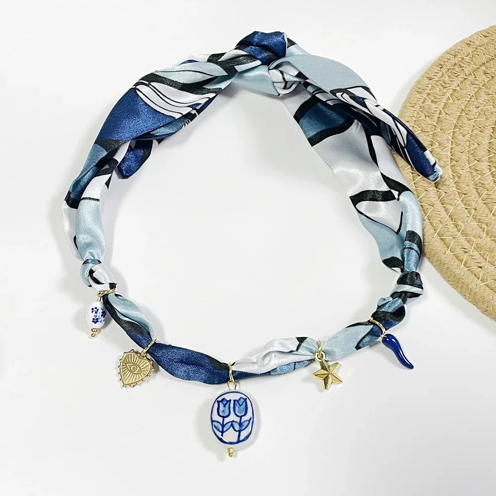 Bohemian Fabric Scarf Necklace - Sea Life, Heart & Floral Charm Pendant Vacation Jewelry Gift for Women