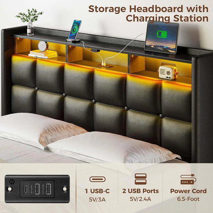 Twin Size Bed Frame with Lift-Up Storage – Charging Station, LED Lights & Upholstered Headboard, Heavy Duty Wooden Slats