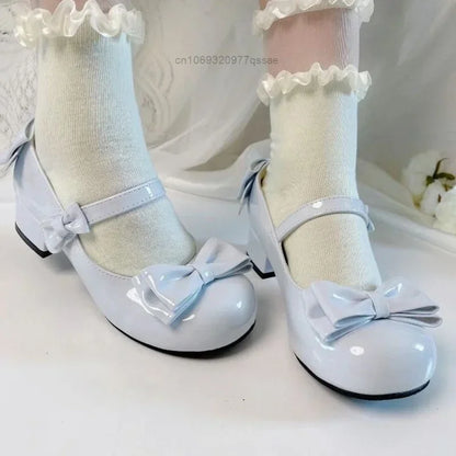 2024 Lolita Style Round Toe Mary Jane Pumps – Cute Bow Midi Heels for Women, Sweet Party PU Shoes
