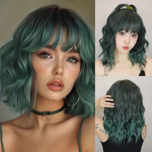 Short Wavy Green Synthetic Wig for Women – Green Cosplay Bob Wig with Bangs, Lolita Party Hair, Heat-Resistant Natural Fake Hair