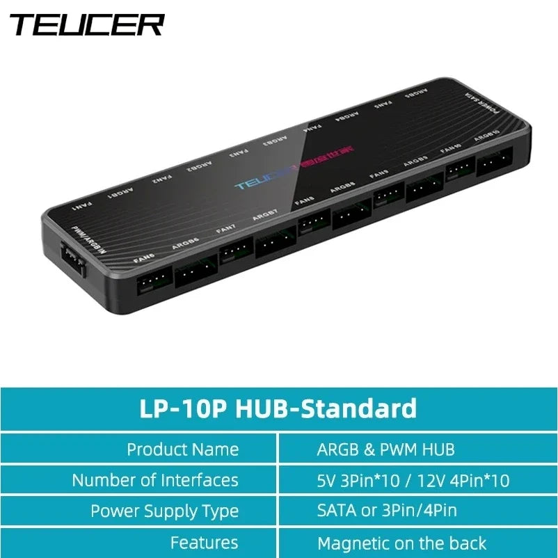 TEUCER LP-10 ARGB/PWM Fan Hub - 2-in-1 PC Fan Controller & ARGB Lighting Adapter