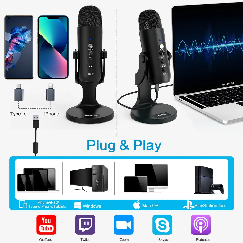 Haomuren USB Microphone for PC & Mac – Condenser Mic for Gaming, Streaming, Recording, with Phone Adapter & Headphone Output