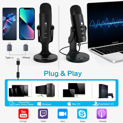Haomuren USB Microphone for PC & Mac – Condenser Mic for Gaming, Streaming, Recording, with Phone Adapter & Headphone Output