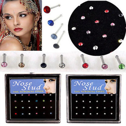 24pcs Crystal Nose Ring & Stud Set – Stainless Steel Surgical Nose Piercing Jewelry, Colorful Rhinestone for Women & Girls