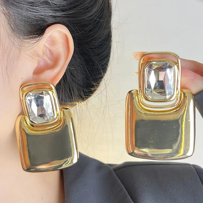 Vintage Large Geometric Crystal Earrings – Exaggerated Metal Statement Jewelry for Women