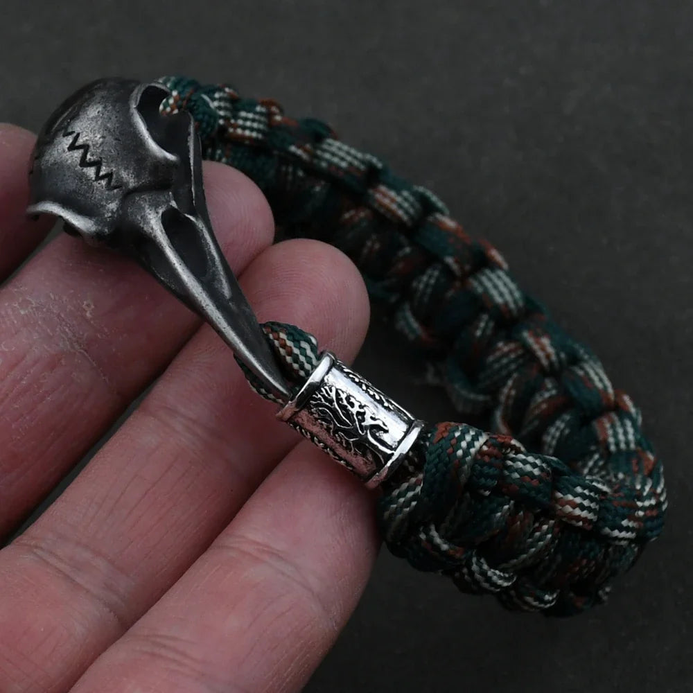 Odin Crow Skeleton Viking Bracelet - Norse Rune Bead Paracord Rope Valknut Eagle Pendant Amulet Jewelry Gift