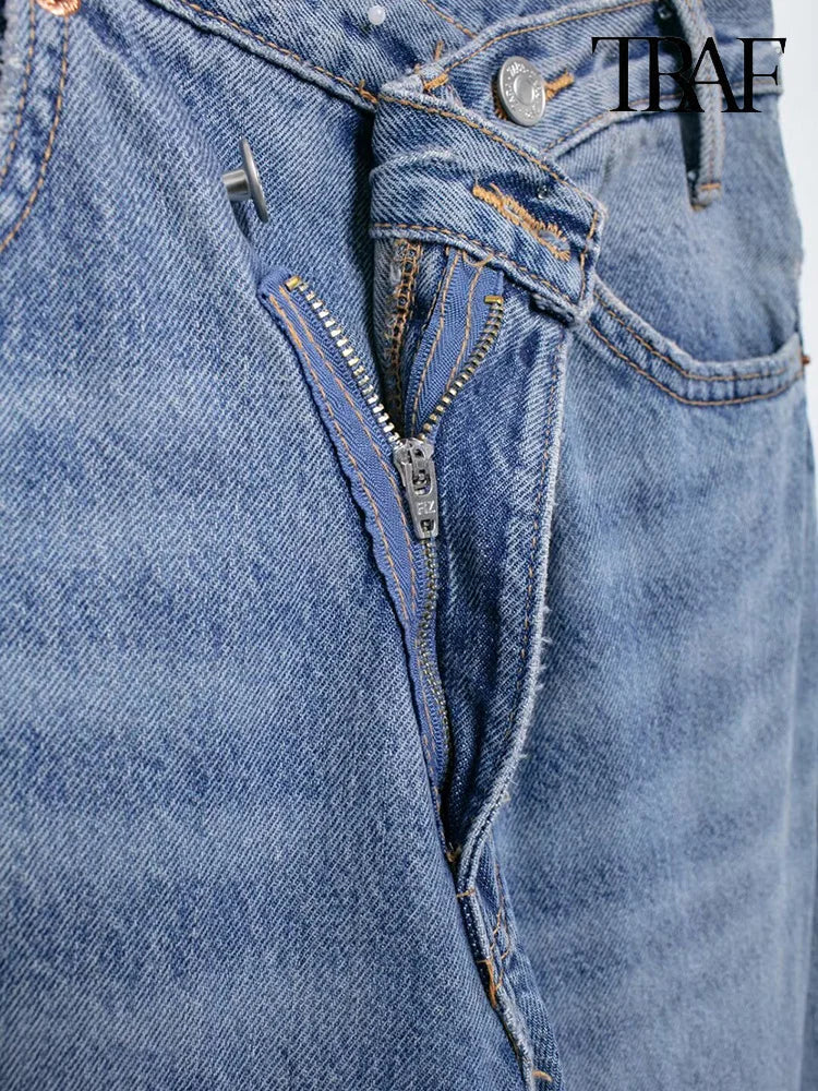 TRAF Women’s Basic Hundred Jeans — High Waist Asymmetric Wide-Leg Trousers, Casual Straight-Leg Fashion Jeans
