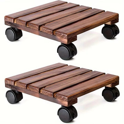 Wooden Plant Caddy Stand - Heavy Duty Rolling Plant Dolly with Lockable Wheels for Indoor & Outdoor Pots
