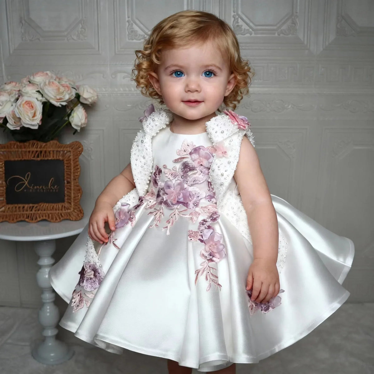 Girls White Princess Flower Tutu Dress - Embroidered Sleeveless Birthday Party Dress