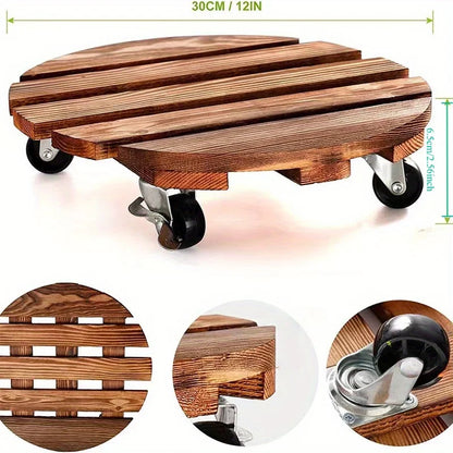 Wooden Plant Caddy Stand - Heavy Duty Rolling Plant Dolly with Lockable Wheels for Indoor & Outdoor Pots