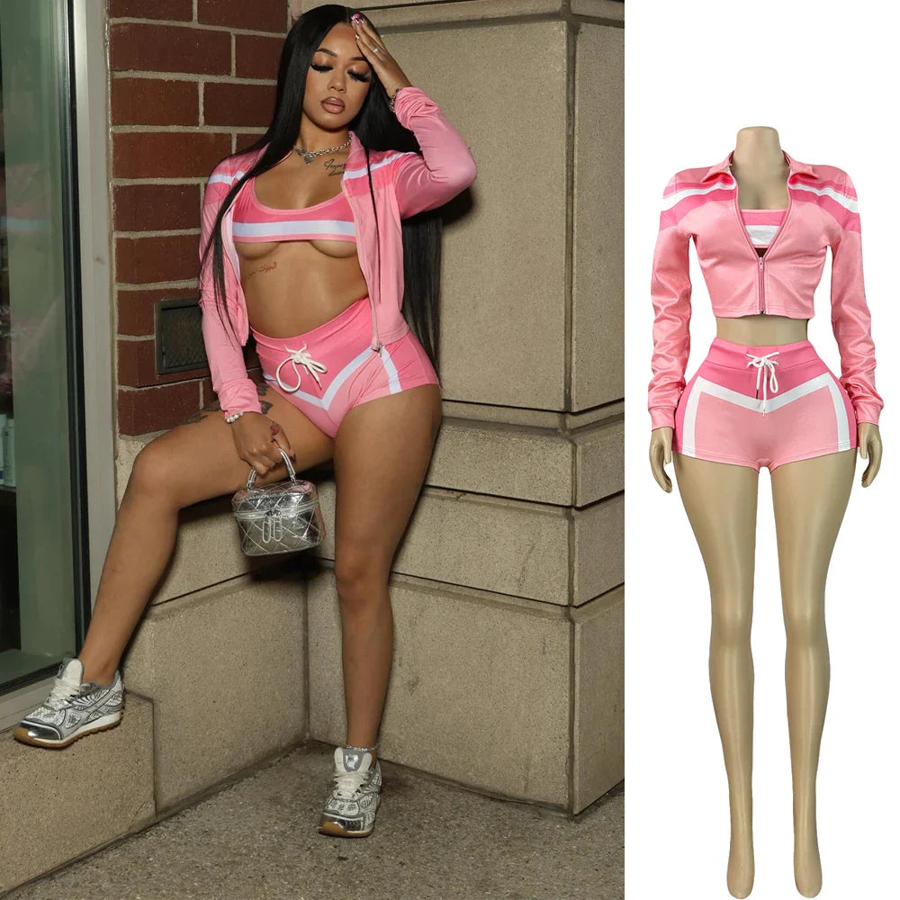 2025 Trending Women’s Summer 3-Piece Tracksuit – Color Block Sports Bra, Jacket & Shorts Gym Workout Set