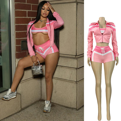 2025 Trending Women’s Summer 3-Piece Tracksuit – Color Block Sports Bra, Jacket & Shorts Gym Workout Set