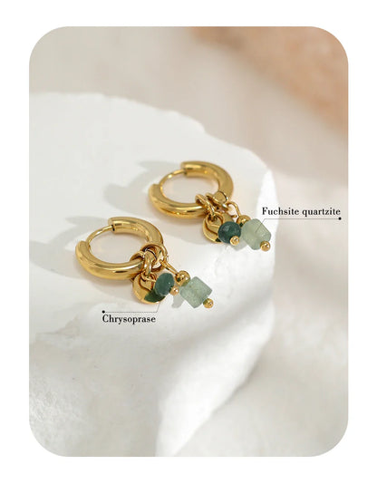 YACHAN 18K Gold-Plated Stainless Steel Hoop Earrings — Vintage Green Stone Charms, Trendy Waterproof Jewelry for Women