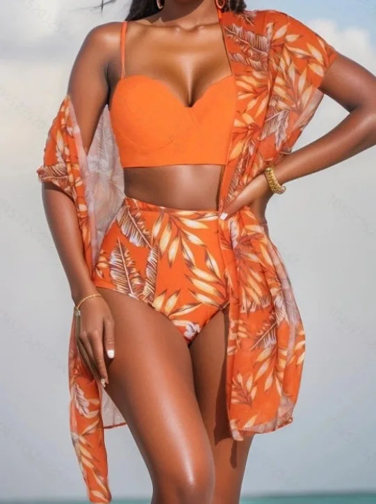 Elegant 3-Piece Vintage Bikini Set for Women – High Waist Swimsuit with Mesh Cover-Up 2025 Bathing Suit
