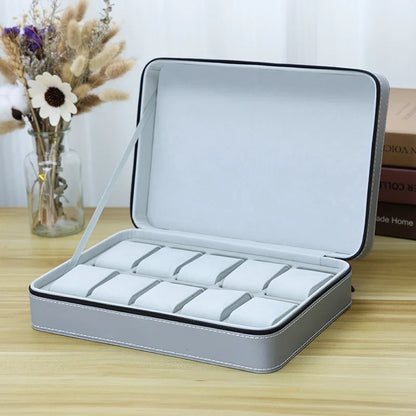 Portable Watch Storage Box Organizer - 6/10/12 Grid Zipper Display Case for Watches & Accessories