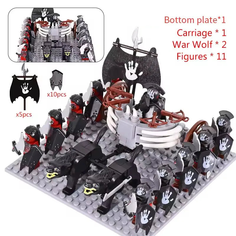 MOC Medieval LOTR Figures — Black Wolves & Mounted Chariots Action Dolls, Assembled Brick Building Blocks Toy