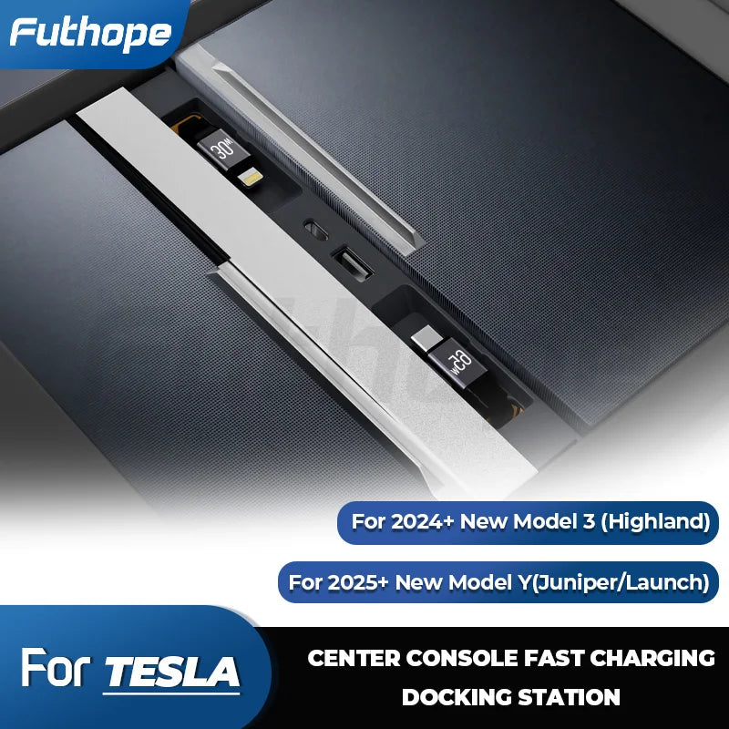Futhope Docking Station with Telescopic Rope – Tesla Model 3/Y Highland Hub & Central Control Splitter for Laptop Support