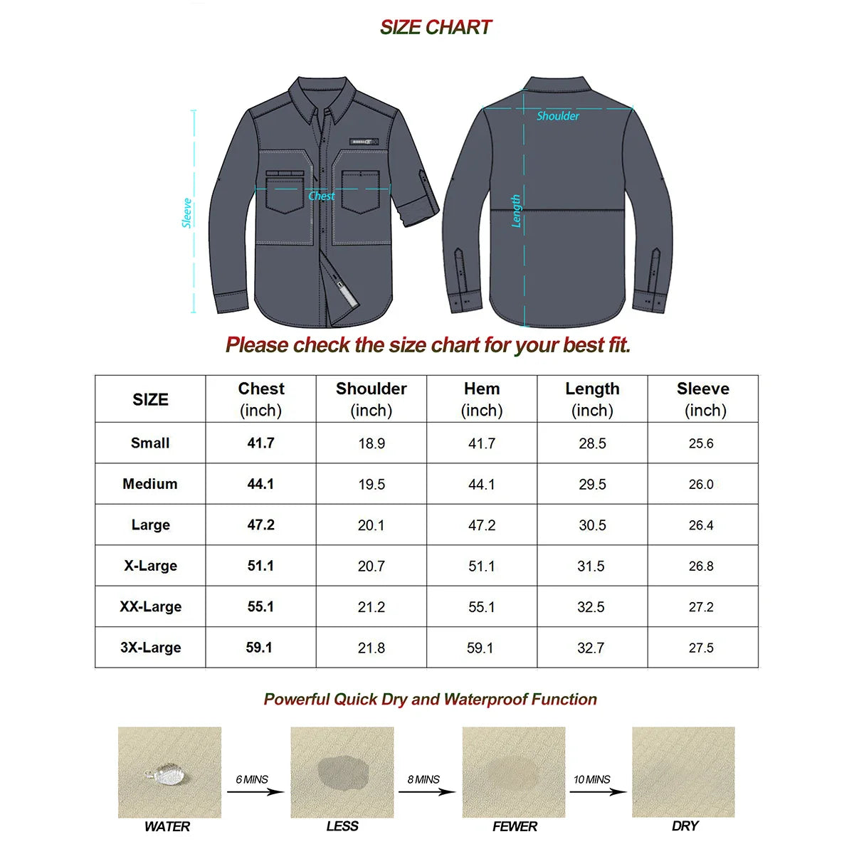 Men's UPF 50+ Long Sleeve Fishing Shirt – Sun Protection Breathable Hiking & Work Shirt with Zipper Pocket