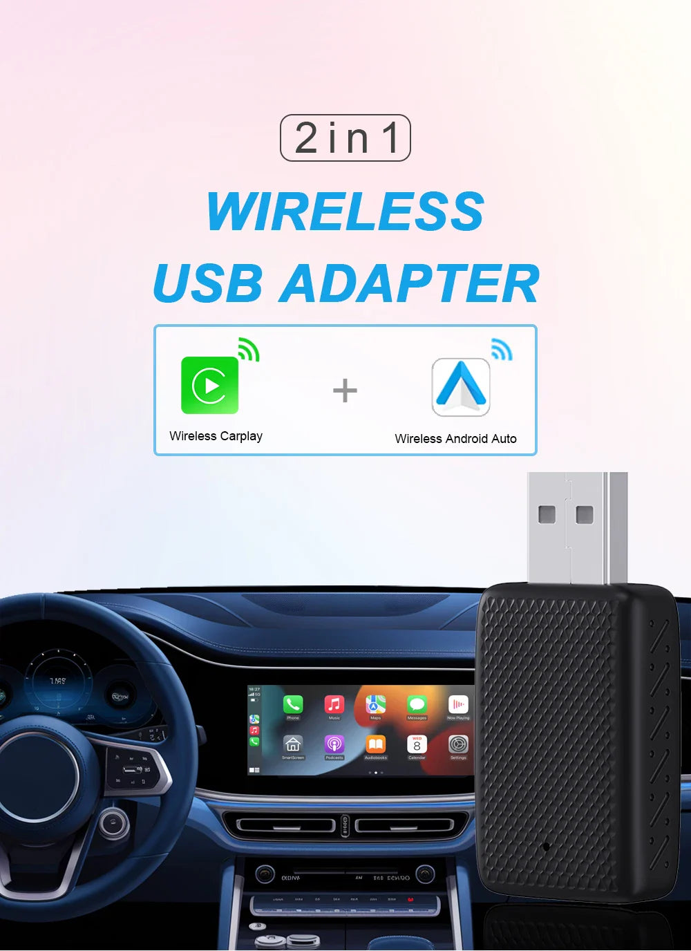 Wired to Wireless CarPlay & Android Auto Adapter – 2-in-1 Smart Box with Auto Connect for Mazda, Audi, Kia, Ford