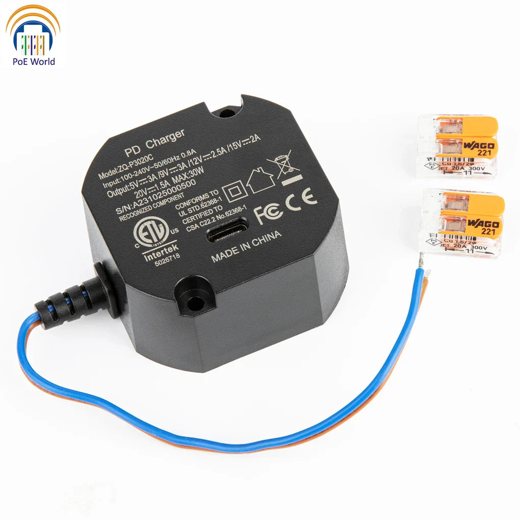 Flush Wall-Mounted USB-C Charger 30W – 240V AC to 5V/9V/12V/15V/20V Type-C Power Adapter for iPad & Tablets