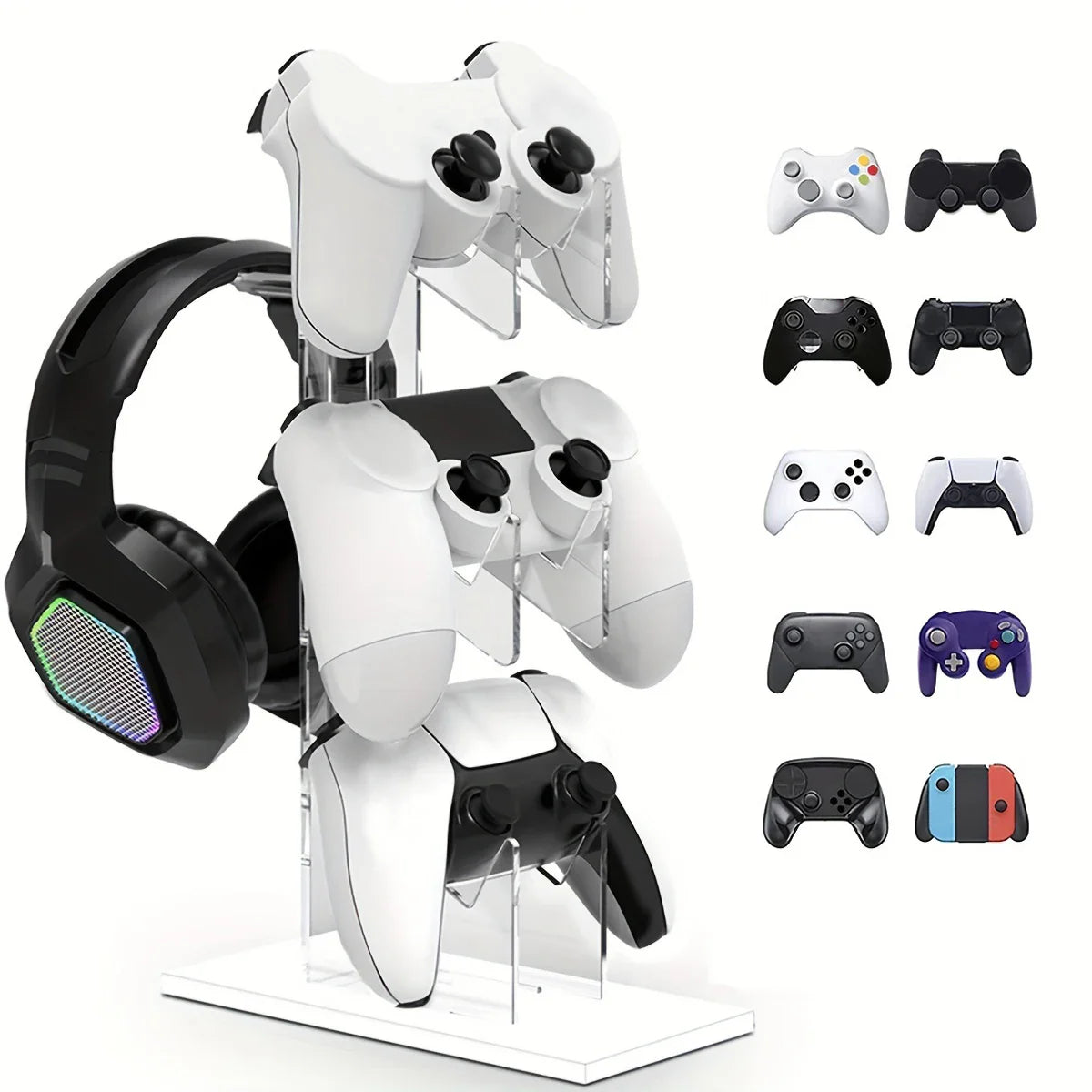 Universal 3-Tier Controller & Headphone Stand – PS5/PS4 Storage Holder in Black, White & Clear
